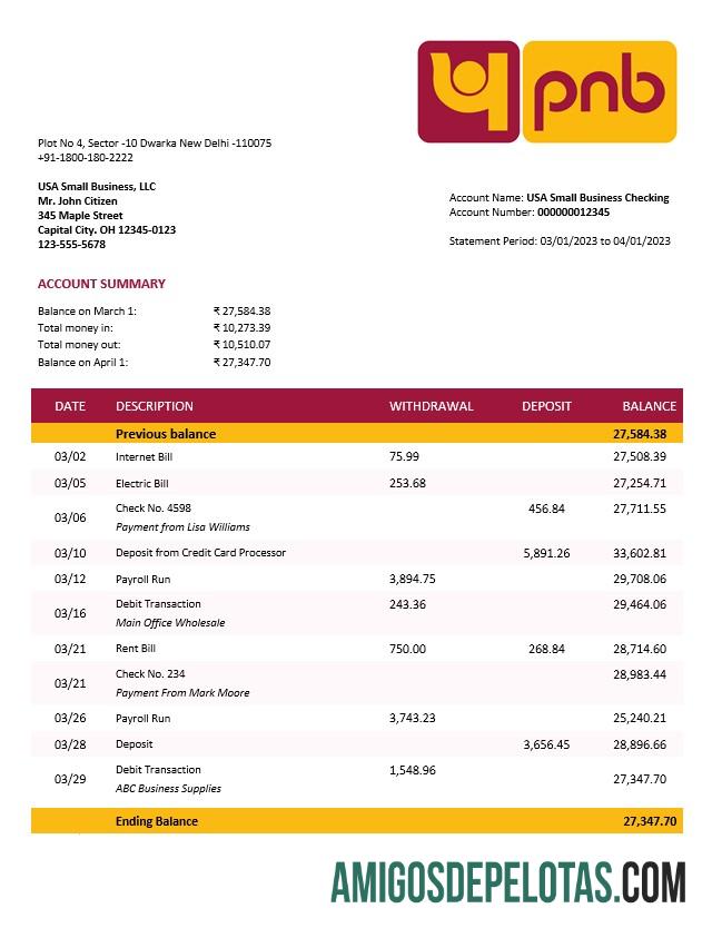 Imprimível Punjab National Bank Business Statement modelo Word e PDF